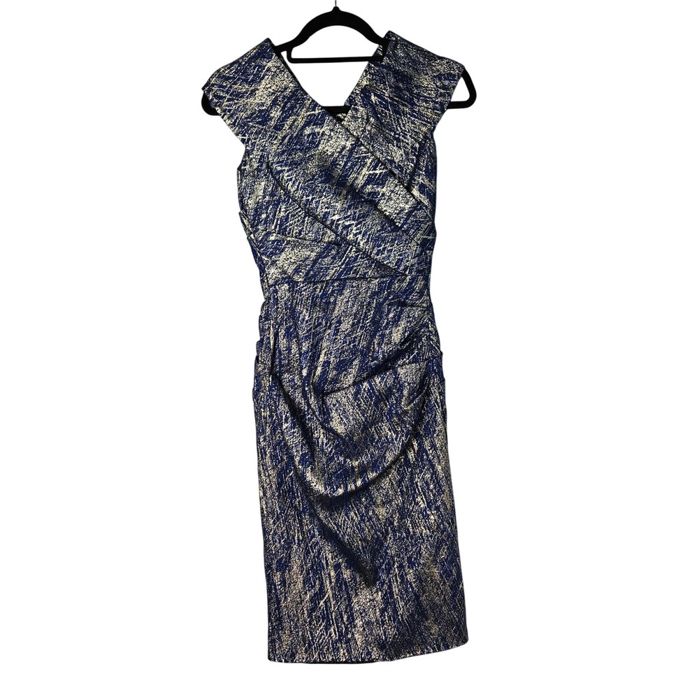 Rickie Freeman Teri Jon Blue & Gold Shimmer Metallic Sheath Cocktail Dress Sz. 4